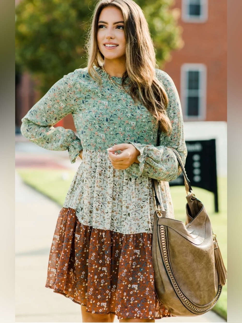 NWT Versona Boho Floral Tiered Ruffle Long Sleeve Midi Dress